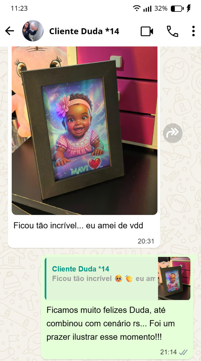 Print de conversa no WhatsApp: a cliente Duda envia a foto do porta-retrato com a ilustração da bebê Mavi e escreve que ficou incrível e que amou de verdade.