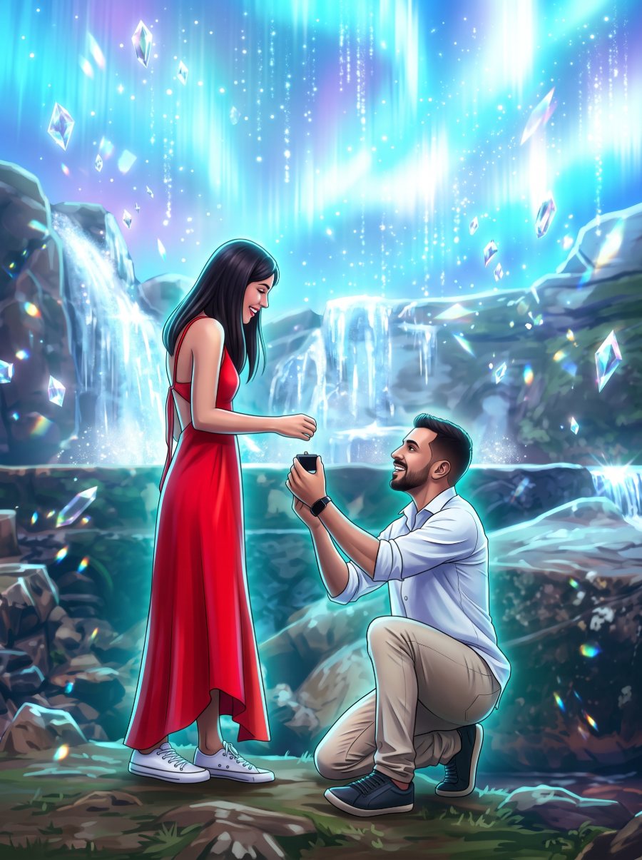 Quadro ilustrado de um pedido de casamento: o homem ajoelhado segura a caixinha da aliança diante da mulher de vestido vermelho, numa cachoeira com cristais e aurora boreal.