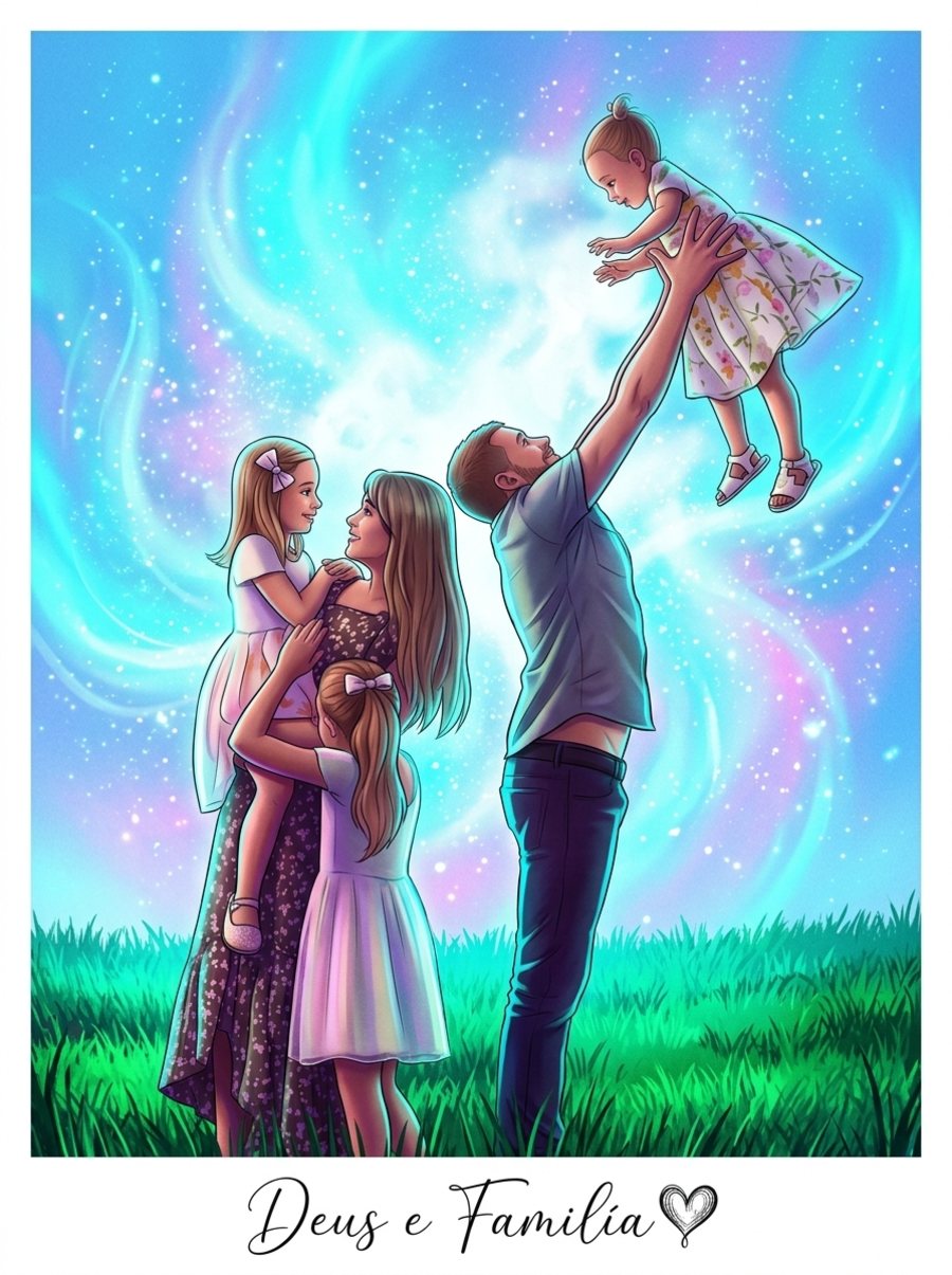 Quadro ilustrado de uma família no gramado: o pai ergue a filha caçula no ar enquanto a mãe abraça as outras duas meninas, sob a aurora boreal, com a frase Deus e Família.