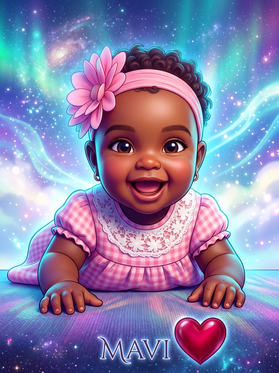 Quadro ilustrado de uma bebê sorridente com laço de flor rosa e vestido xadrez, engatinhando sob um céu de galáxia, com o nome Mavi e um coração.