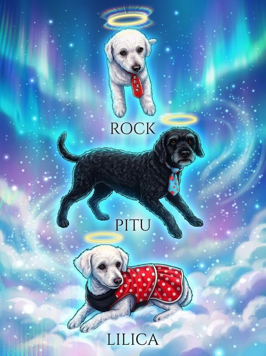 Quadro ilustrado em memória de três cachorros com auréolas, Rock, Pitu e Lilica, sobre nuvens e aurora boreal.