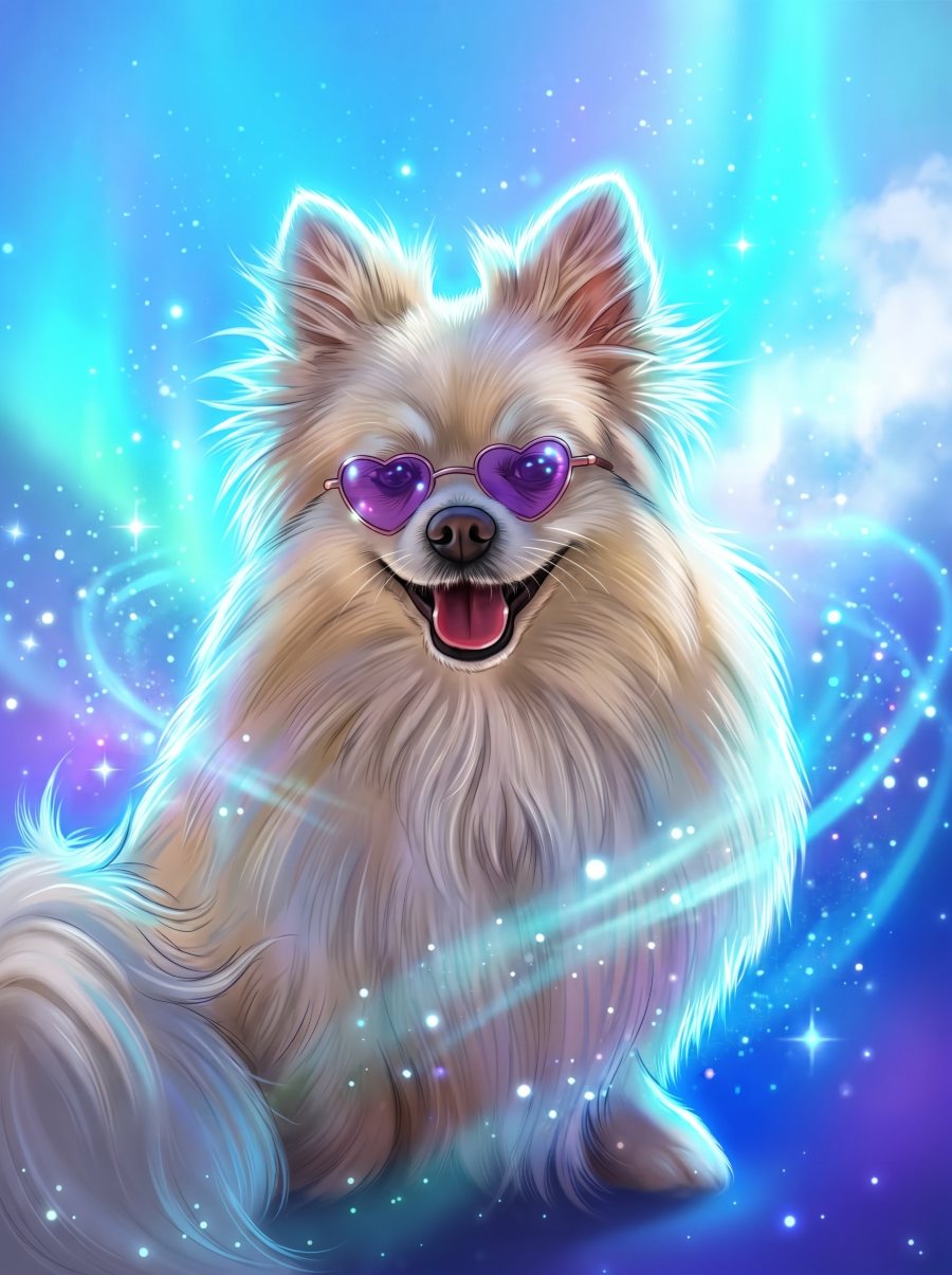 Quadro ilustrado de um cachorro lulu da pomerânia sorrindo com óculos de coração roxos, envolto em brilhos e aurora boreal.